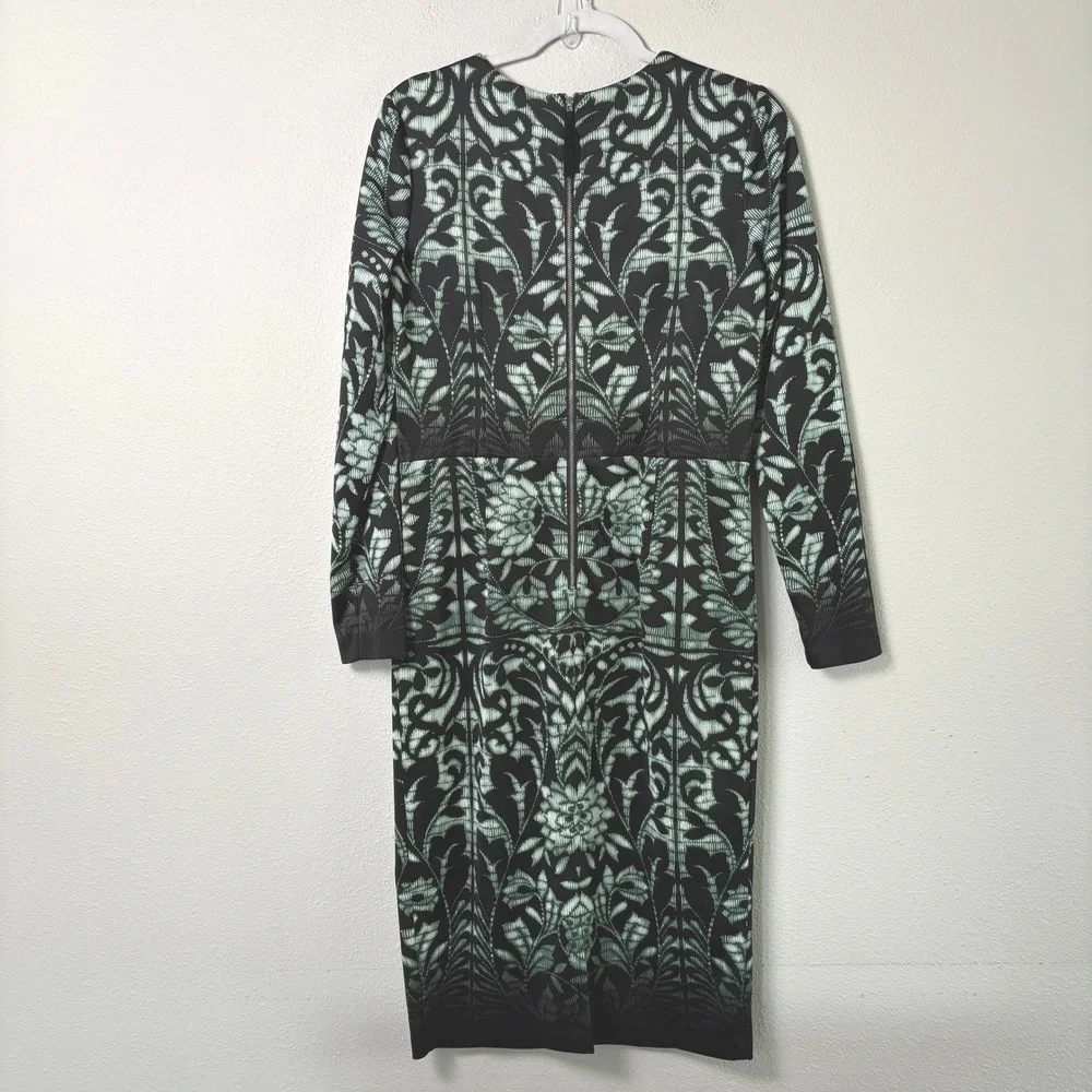 Maggy London Sheath Dress Womens 12 Black Green Damask Floral Long Sleeve Goth